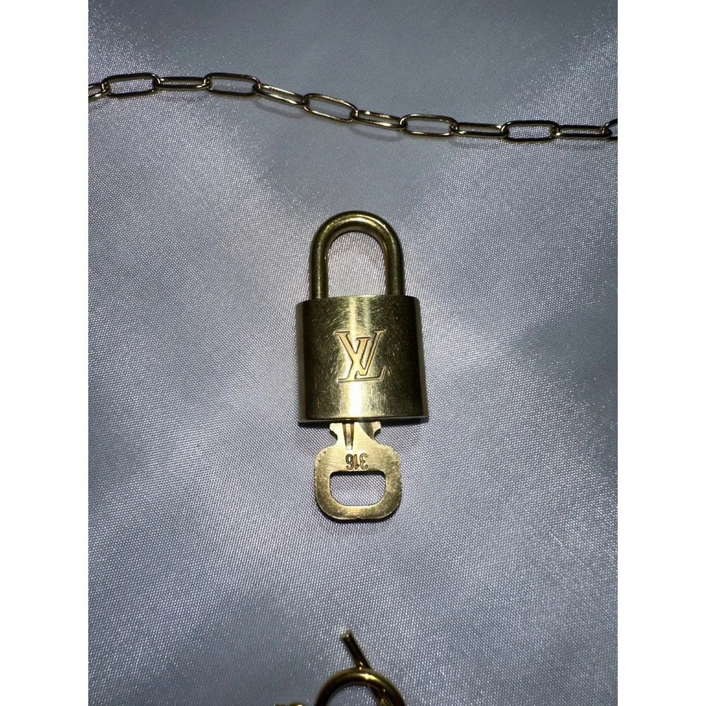 Louis Vuitton Gold Padlock and Key 316 with Paperclip Chain Necklace Set